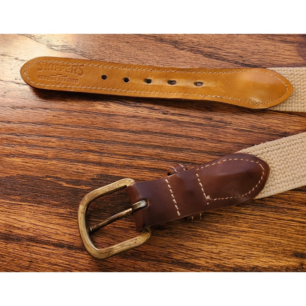 Skippers Mens Nautical Sailboat Ribbon Belt Canvas Leather Brass Buckle Navy Tan - Picture 6 of 8